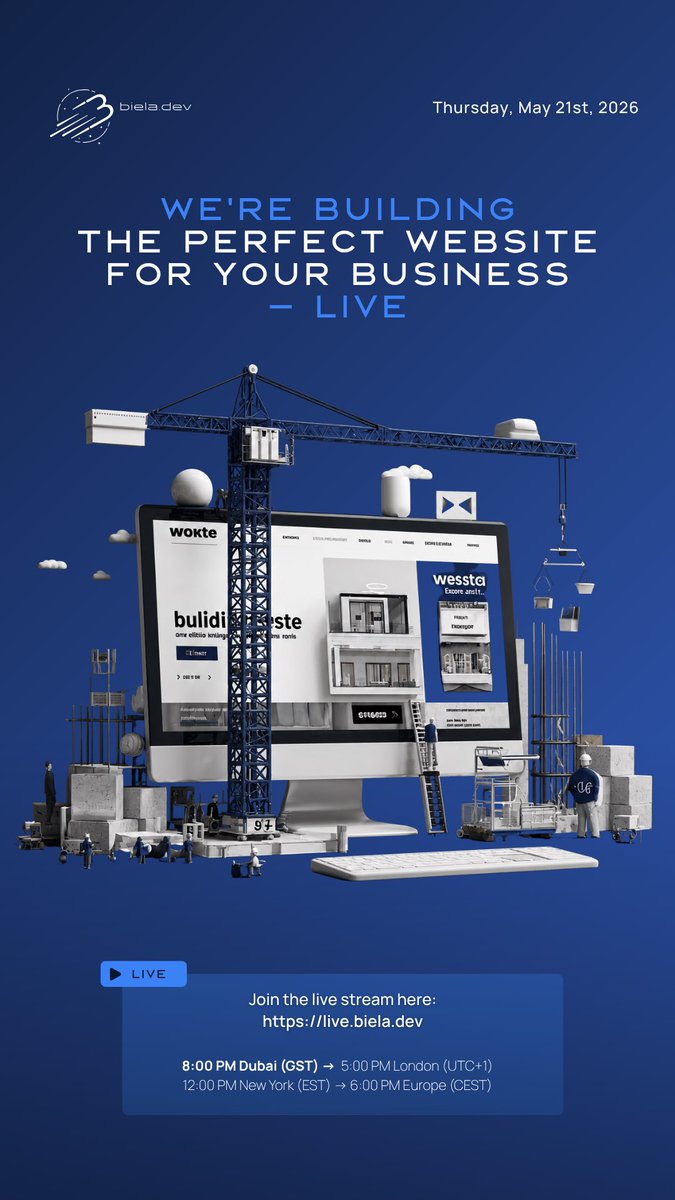DevBiela's tweet photo. This Thursday we're building the perfect website for YOUR business — live on https://t.co/zixtrgALEN. 🌐🔥

 Watch it come to life from scratch.

🗓️ Thursday, May 21st @ 8PM GST https://t.co/ckP3p5TBxk