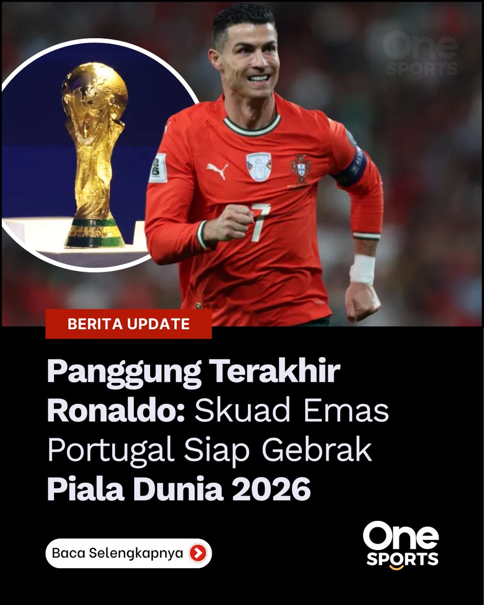 OneSportsID's tweet photo. Jelang Piala Dunia 2026, Timnas Portugal bersiap dengan 27 pemain pilihan Roberto Martinez. Turnamen ini jadi panggung terakhir bagi Cristiano Ronaldo.  https://t.co/1szSqJ6Mcw https://t.co/xDvhBTJx8J
