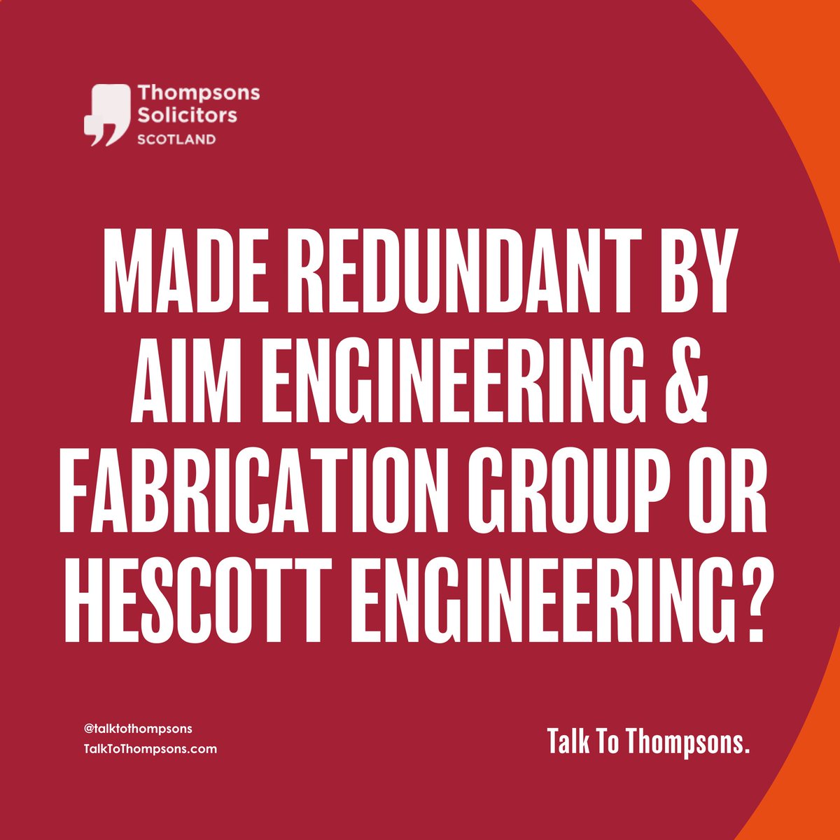 TalkToThompsons's tweet photo. Made redundant by AIM Engineering &amp; Fabrication Group or Hescott Engineering?

Basic redundancy pay isn’t always the full picture. A Protective Award could mean up to 90 days’ extra pay, even after administration.

https://t.co/dL5FBfaFkv

Talk to Thompsons. 
No win, no fee. https://t.co/ug8HNAThYS