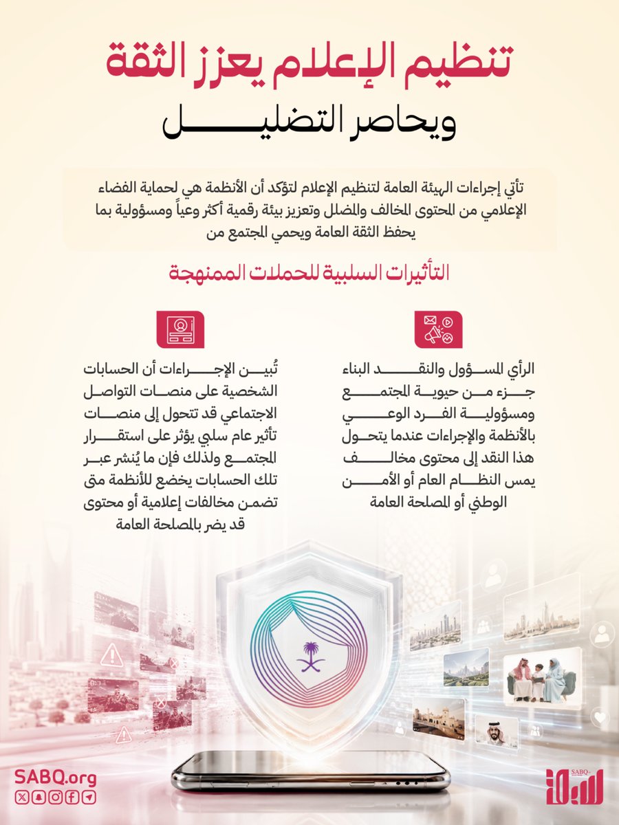 sabqorg's tweet photo. حرية التعبير ركيزة حيوية والنقد البناء يعزز وعي المجتمع.. إجراءات #هيئة_تنظيم_الإعلام تؤكد أن الأنظمة وُضعت لحماية الفضاء الإعلامي وحفظ الثقة العامة من التأثيرات السلبية للحملات الممنهجة https://t.co/sXRF6X8zeX