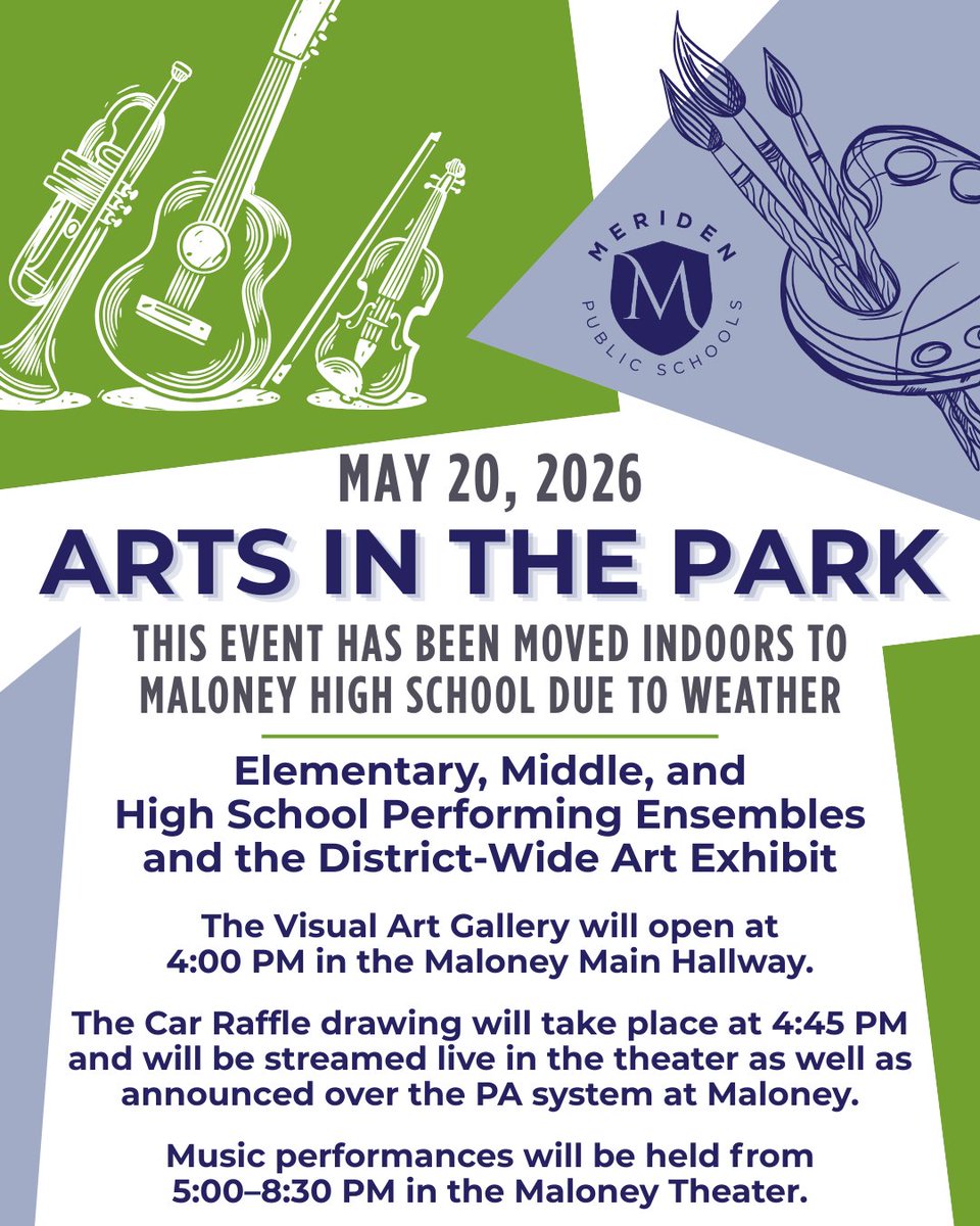 MeridenK12's tweet photo. 🎨✨ We hope you’ll join us this Wednesday for Arts in the Park!

Due to expected weather conditions, this year’s event has been moved indoors to Maloney High School. Come celebrate the arts in our schools! 🎶🖌️

For more information on the event, visit: https://t.co/MmKca0wulI https://t.co/Fqcda5UUg5
