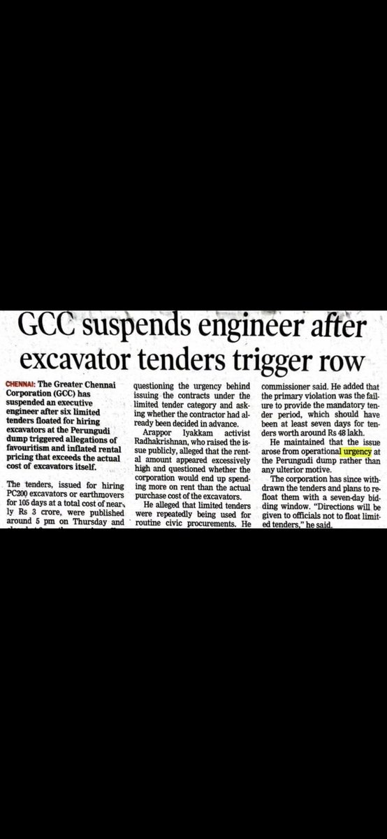 ScorpionSu58042's tweet photo. I correct few mistakes here, as I was not fully clear about this until I watched the Arappor Iyakkam video.

Arappor Iyakkam gave a proper explanation of the tender and the reasons why it was cancelled.

Important points to be noted:

~ Why was it a limited tender? Why not an open tender? Only a few are getting this tender and benefiting from it.
~ Without an open tender, there won’t be enough bidders, which can reduce the government’s revenue/savings.
~ Why was the tender closed so quickly? As per the Tender Act, it should be open for at least 7 days.
~ Why were 6 different tenders needed when it could have been done through a single tender?
~ What was the urgency to open and close the tender within such a short time?

All these questions to GCC commisioner J. Kumaragurubaran and Mayor Priya, this has been the case even in March month