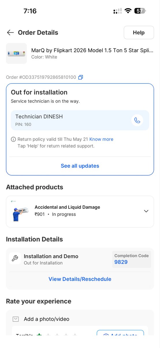 Snuhith23's tweet photo. @Flipkart worst ever experience , i have order a ac 1.5ton Ac through flipkart , it was delivered on 11th may , it was almost 8-9 days no one came for installation, they keep on rescheduling the installation .if we call installation guy they directly cut call .@flipkartsupport https://t.co/pCCos6Kvgi