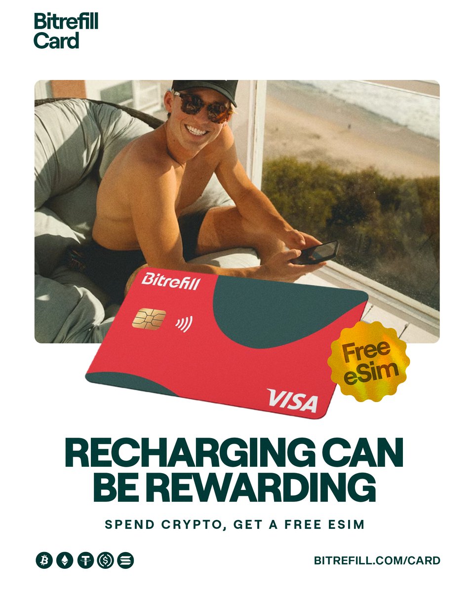 bitrefill's tweet photo. A crypto debit card that pays you back.

– 20GB eSIM, free, every month
– 2% cashback on everything https://t.co/1ZWJ12pzHO