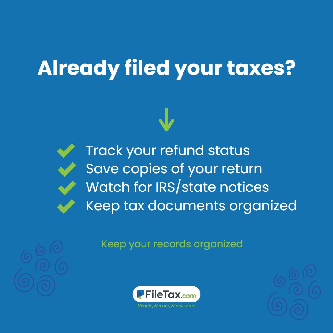 filetaxcom's tweet photo. Filing your return is only part of tax season.

It’s still important to:
• track your refund
• save your documents
• watch for IRS/state notices
• keep your records organized

💬 Are you still waiting on your refund? https://t.co/6vSroeQjRH