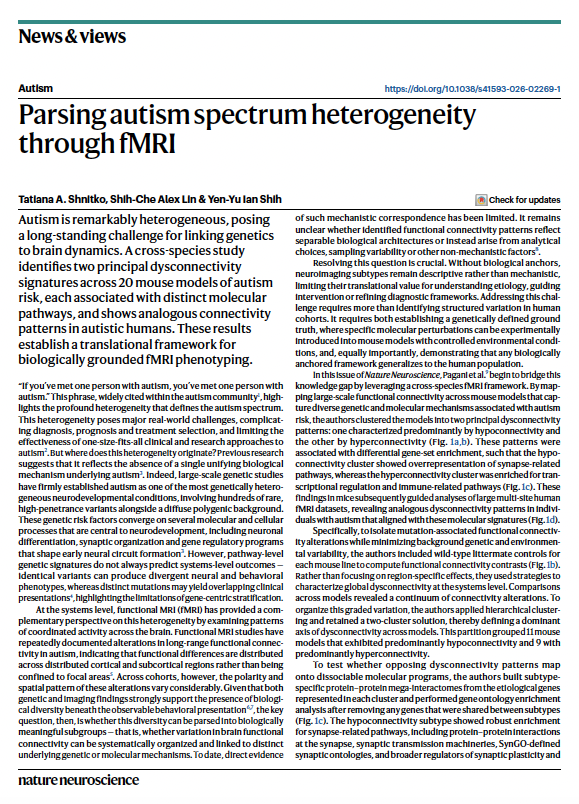 ShihYYI's tweet photo. Using fMRI from 20 mouse models and large human cohorts, a new study in @NatureNeuro identifies two dominant dysconnectivity patterns linked to distinct molecular signatures in #autism.

See our N&amp;V on the latest work from @MarcoPagani1985 and @Gozzi_Ale: https://t.co/rFf9FHdKPX https://t.co/RIcebUCQ9a