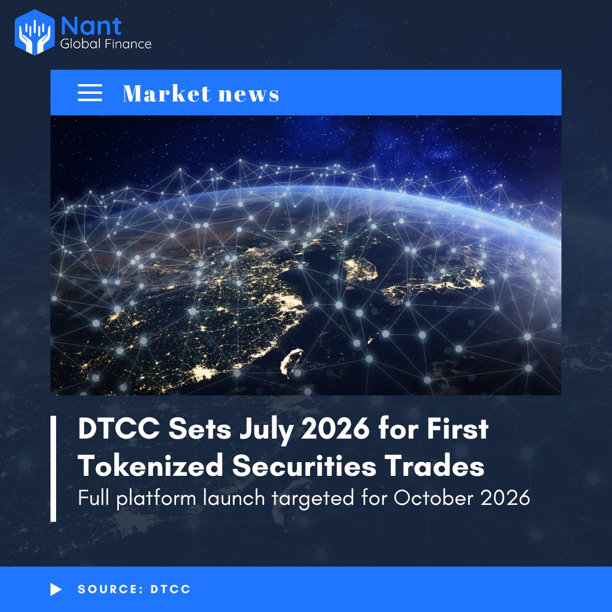 NantGlobal's tweet photo. DTCC plans its first tokenized securities trades in July 2026, with a full platform launch in October. DTC custodies over $114 trillion in assets.

This is tokenization entering core post-trade infrastructure at scale. 

Source: DTCC

#NantGlobalFinance #CapitalMarkets https://t.co/BB6NeIkudX