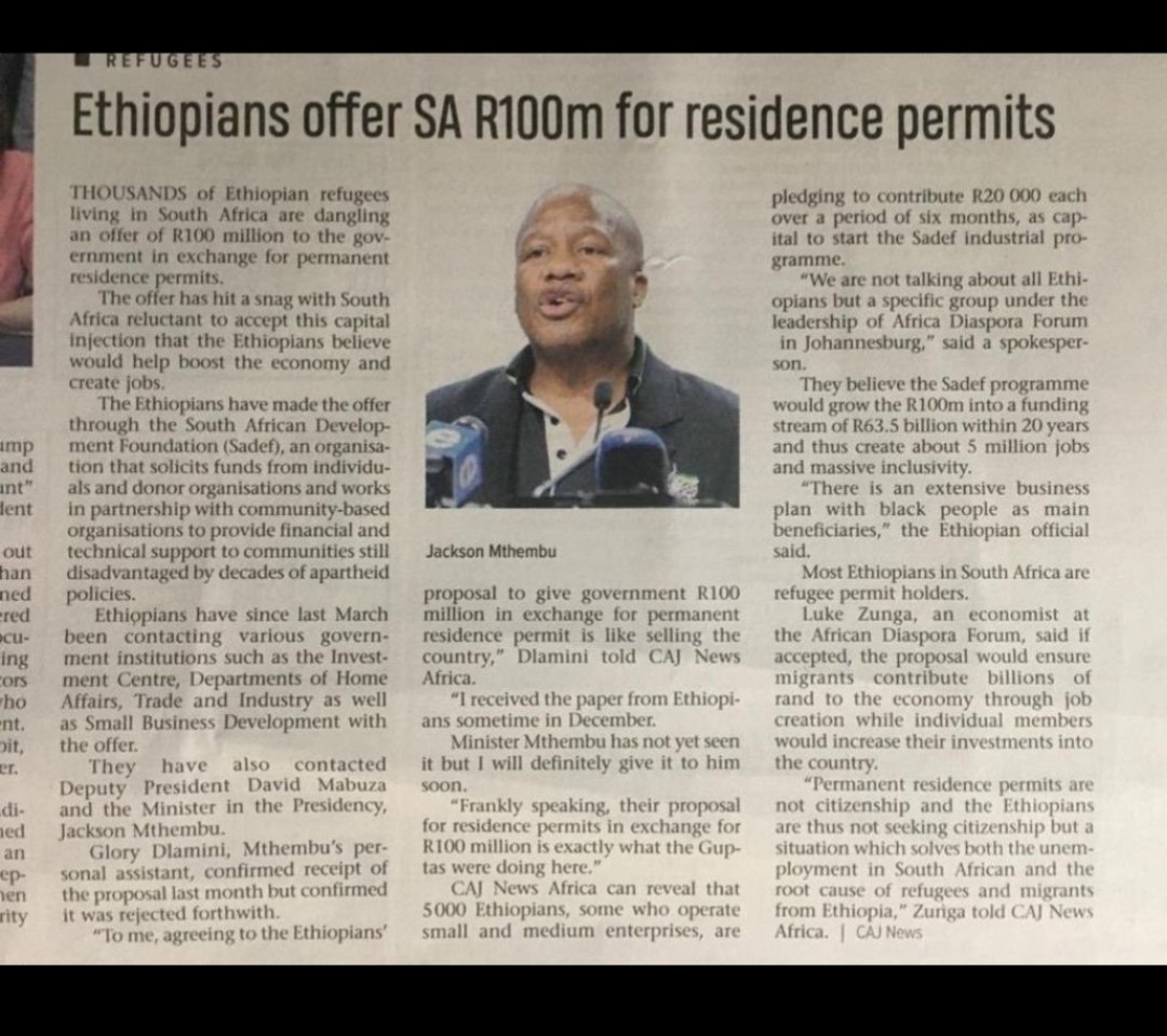 Nocoffe50's tweet photo. 100 million was paid to ANC by Ethiopians to get residency. The question is how much did Somalian Congolese,  Nigerian and many others?
It is believed Somalian paid using fraudulent money from USA for protection fee. 
WE WILL BE THERE 
when everything is revealed. https://t.co/EyEZFHM3gi