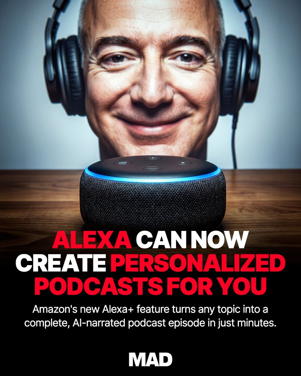 mobileappdaily's tweet photo. @amazon  just launched Alexa Podcasts! 
You ask Alexa to make a podcast on any topic. It researches it, writes it, and narrates it using AI voices. 
You can adjust the length, tone, and focus before it generates. 
@amazonIN 

#Amazon #Alexa #AlexaPlus #AINews https://t.co/Crdo0JA7dt