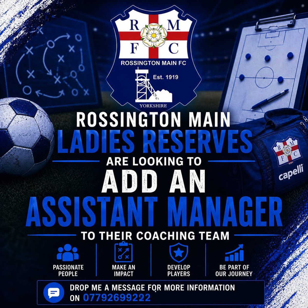 jackcrookes16's tweet photo. Due to some changes within the coaching team at Rossington Main Ladies Reserves, I am currently looking to add an Assistant Manager.

You will need to be available for training on Tuesday evenings and games on a Sunday afternoon.

📩 Drop me a message for more information. https://t.co/2xLqDTPO2r