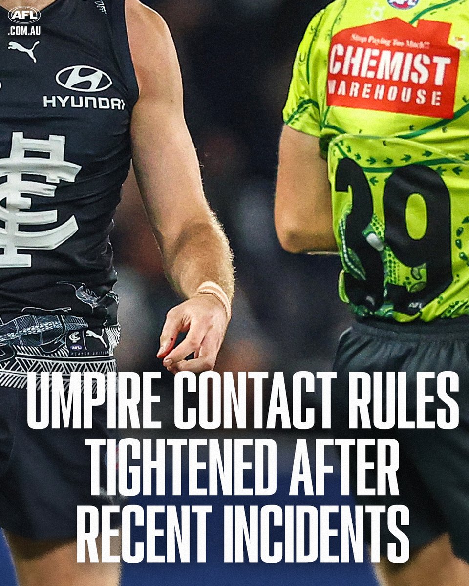 AFL's tweet photo. Rules around umpire contact have been tightened after a spike in players running into officials during games in recent weeks. Umpires will be given the licence to pay more free kicks, @CalTwomey reports.

Details: https://t.co/m6UZEh22jY https://t.co/mXiaYtryzG