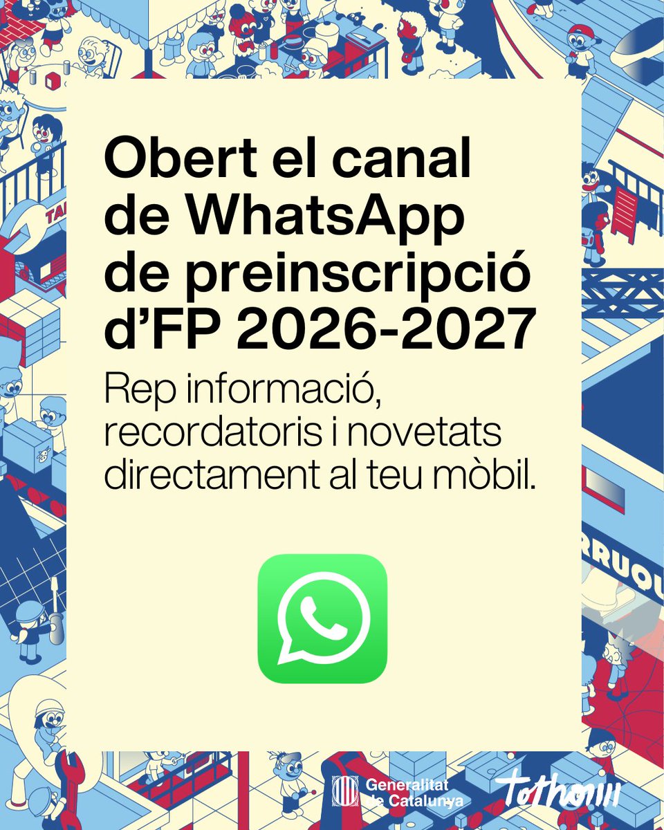 educaciocat's tweet photo. Obert el canal de WhatsApp de Preinscripció d'FP a grau mitjà i grau superior pel curs 2026-2027. 

📲 Subscriu-t'hi per rebre informació, recordatoris i novetats de la preinscripció directament al mòbil. 

🔗 https://t.co/J6qiM321kz https://t.co/pzn27SIeTQ