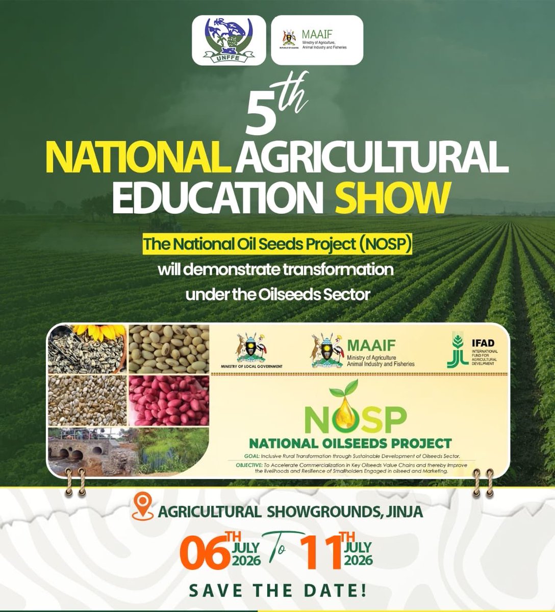 ShakirahTe63027's tweet photo. 🌾 Big things are coming to Jinja! The @NOSP_UG Project is set to showcase groundbreaking transformation in the oilseeds sector at two major events:
#Agrileap 
#Agricshow26 https://t.co/B2pPJ6WhTI