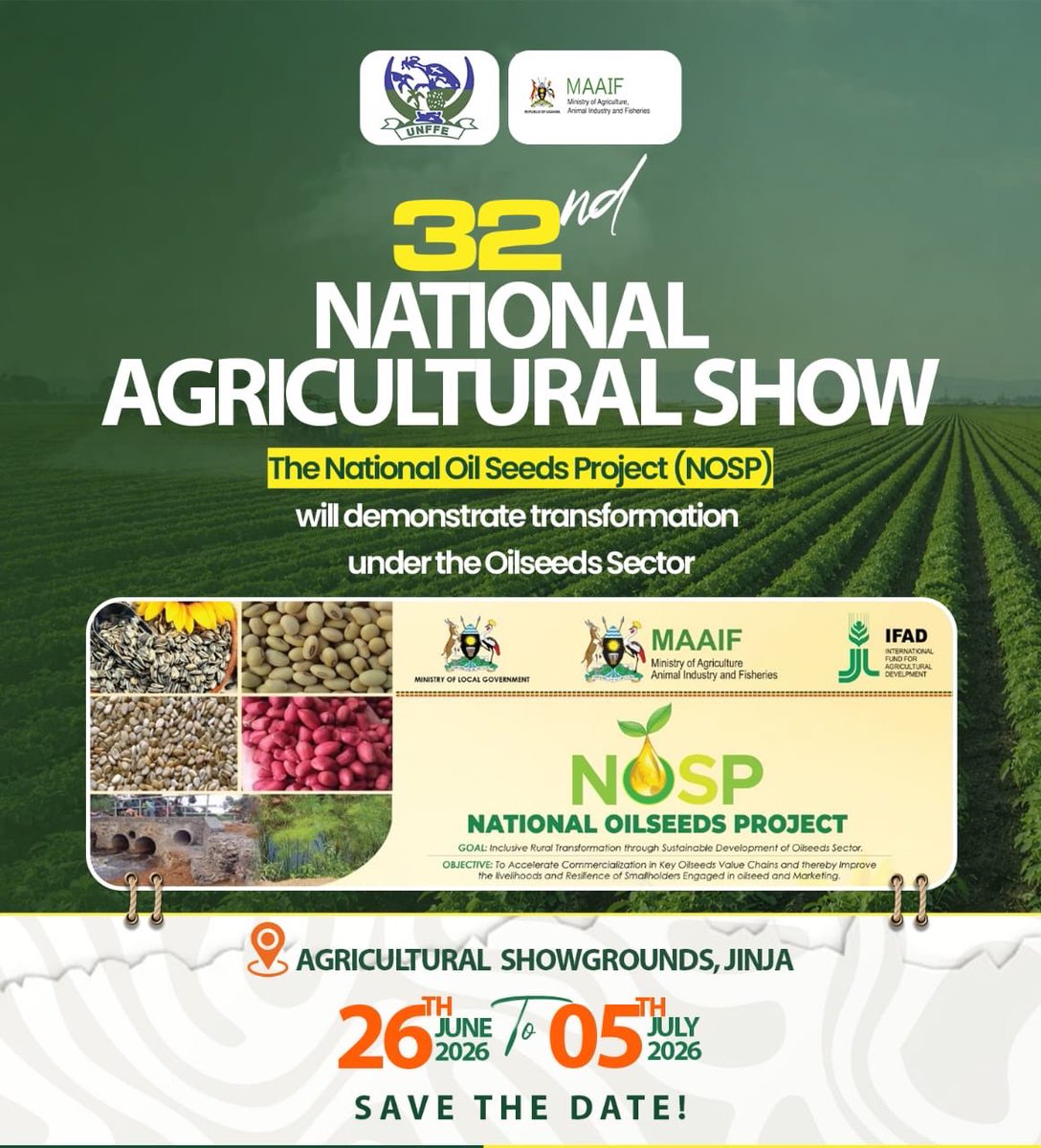 ShakirahTe63027's tweet photo. 🌾 Big things are coming to Jinja! The @NOSP_UG Project is set to showcase groundbreaking transformation in the oilseeds sector at two major events:
#Agrileap 
#Agricshow26 https://t.co/B2pPJ6WhTI