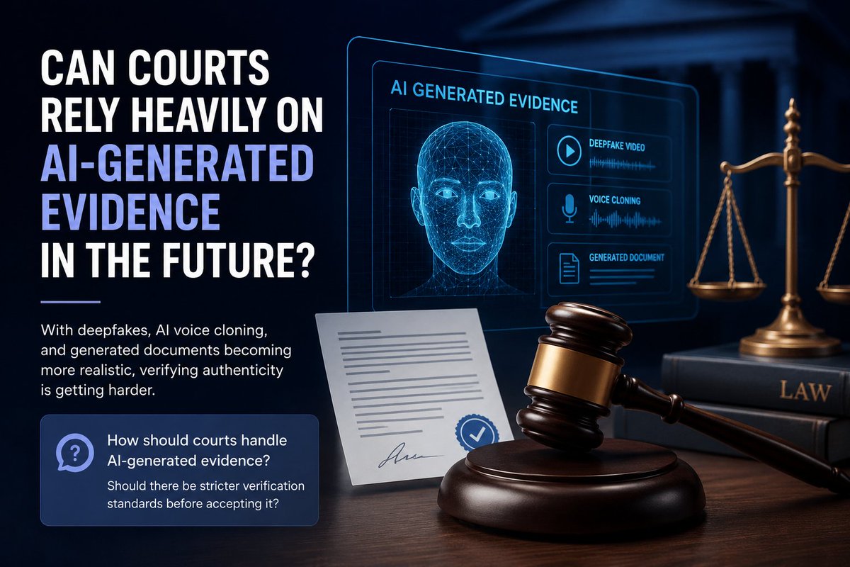 DefendInk9's tweet photo. Can courts rely on AI-generated evidence in the future?

With deepfakes, AI voice cloning, and generated documents becoming more realistic, verifying authenticity is getting harder.

How should courts handle AI-generated evidence? Should there be stricter verification standards? https://t.co/2DTIKPPKP1
