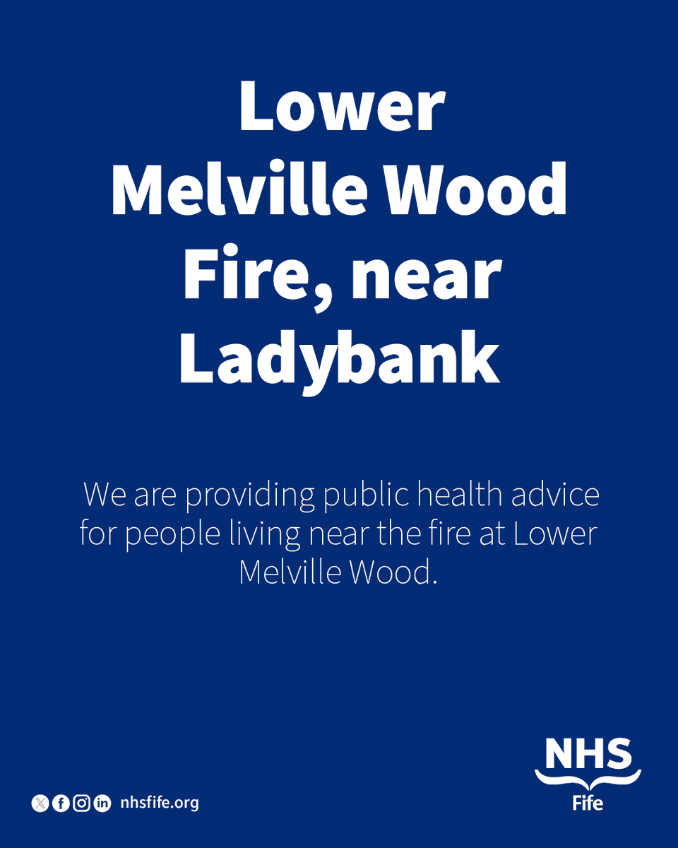 nhsfife's tweet photo. NHS Fife is one of a number of agencies responding to the fire at Lower Melville Wood, near Ladybank. 

Some smoke may still be noticeable but there is currently no indication of long-term health risks, and the overall risk to the public remains low. More: https://t.co/XqLFZRPgYo https://t.co/lhhMZpBSUs