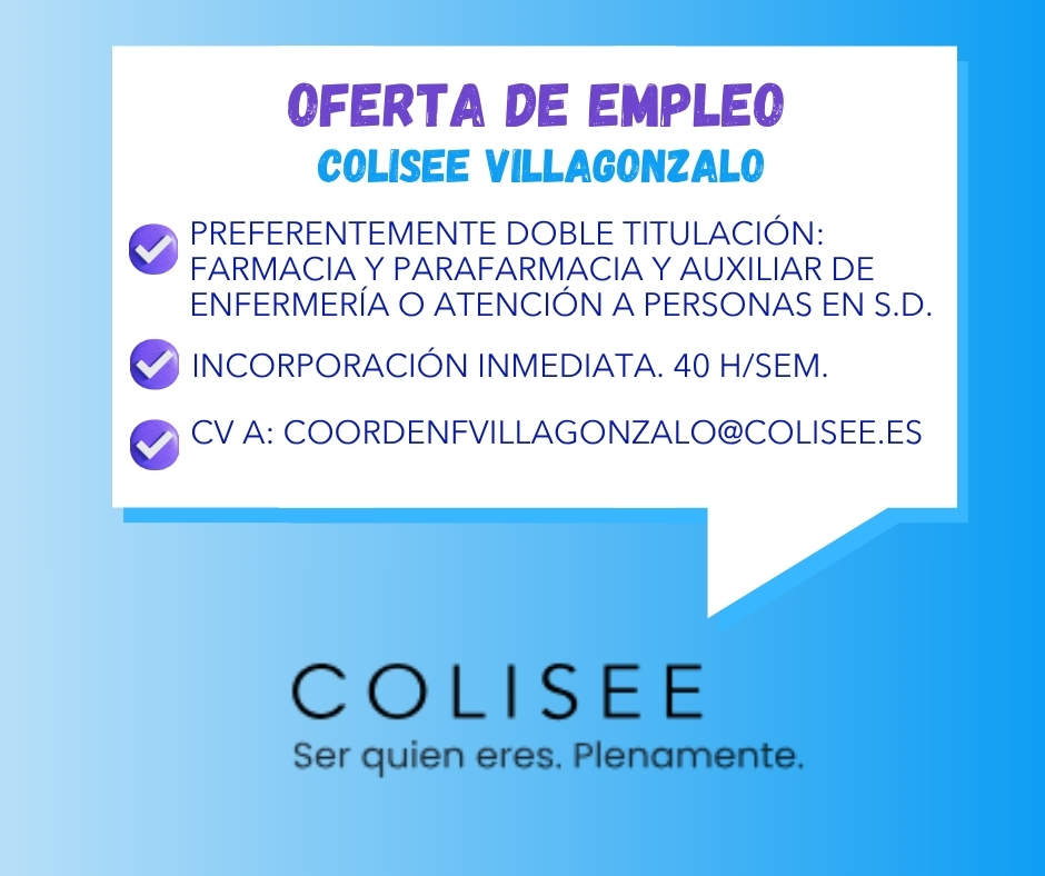 iesEFlorez's tweet photo. 📌Oferta de empleo Colisee Villagonzalo
Se valorará doble titulación en Farmacia y Parafarmacia + Auxiliar de enfermería o Atención a Personas.
Jornada completa. https://t.co/C4FiGAGv3K