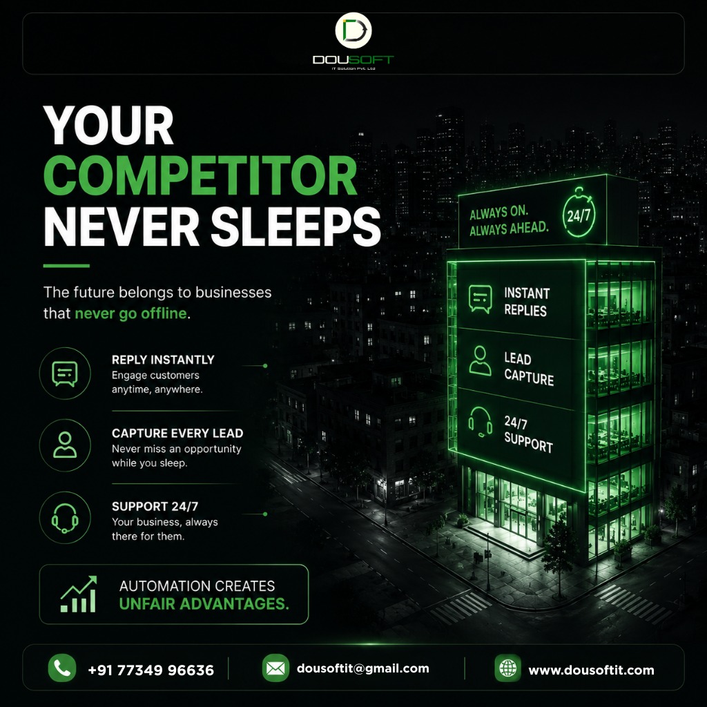 Dousoftit's tweet photo. Your competitor never sleeps.

Businesses using automation can:
⚡ Reply instantly
📈 Capture leads 24/7
🎧 Support customers anytime
Automation creates business advantages.
🌐 https://t.co/vQt8a8S6Va
#Automation #BusinessGrowth #DigitalTransformation #LeadGeneration #Business https://t.co/dUtOSwYHa3