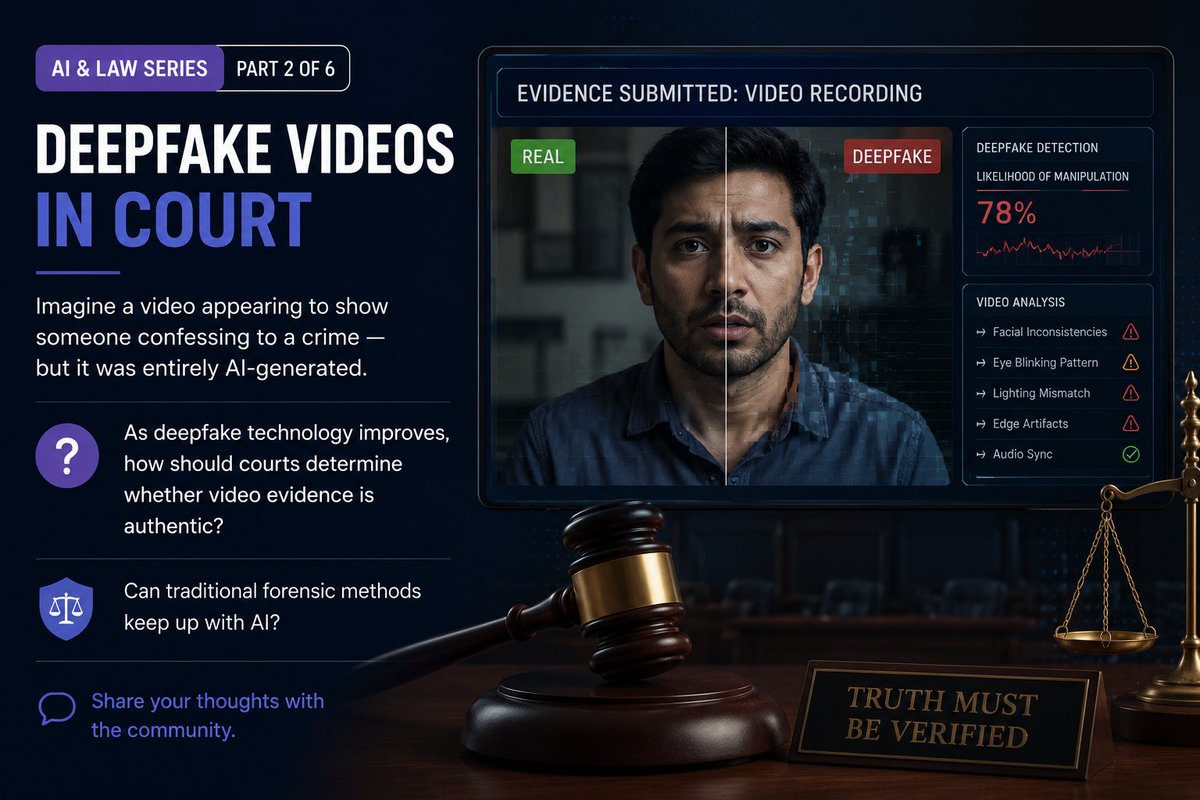 DefendInk9's tweet photo. Part-2 Deepfake Videos in Court
Imagine a video appearing to show someone confessing to a crime but it was entirely AI-generated.

As deepfake technology improves, how should courts determine whether video evidence is authentic?

Can traditional forensic methods keep up with AI? https://t.co/GVacIquK8D