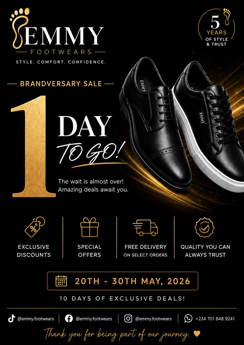 NUELthedrummer's tweet photo. Just one day left!🤲🏾

The wait is almost over, amazing deals await you.🎉

Get your funds ready, tomorrow we feast! 
10 days of exclusive deals- ●Quality footwears you can always trust 
●Free delivery on select orders within certain locations 
●Exclusive discounts on 2 or more https://t.co/unzng6fyjW
