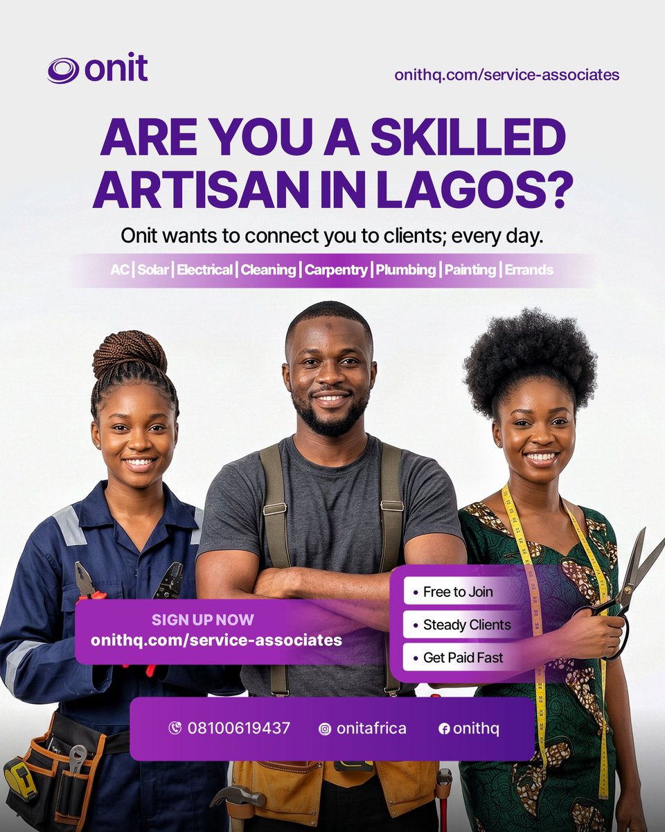useonit's tweet photo. You have the skill. Lagos has the demand. Onit is the bridge. 

If you're an:

- Electrician

- AC Technician

- Solar Installer

- Carpenter or Furniture Repairer

- Painter

- Cleaner

- Errand Person / Shopper

...or ANY skilled professional in Lagos —

 you through it. https://t.co/TmK73AGb9Y