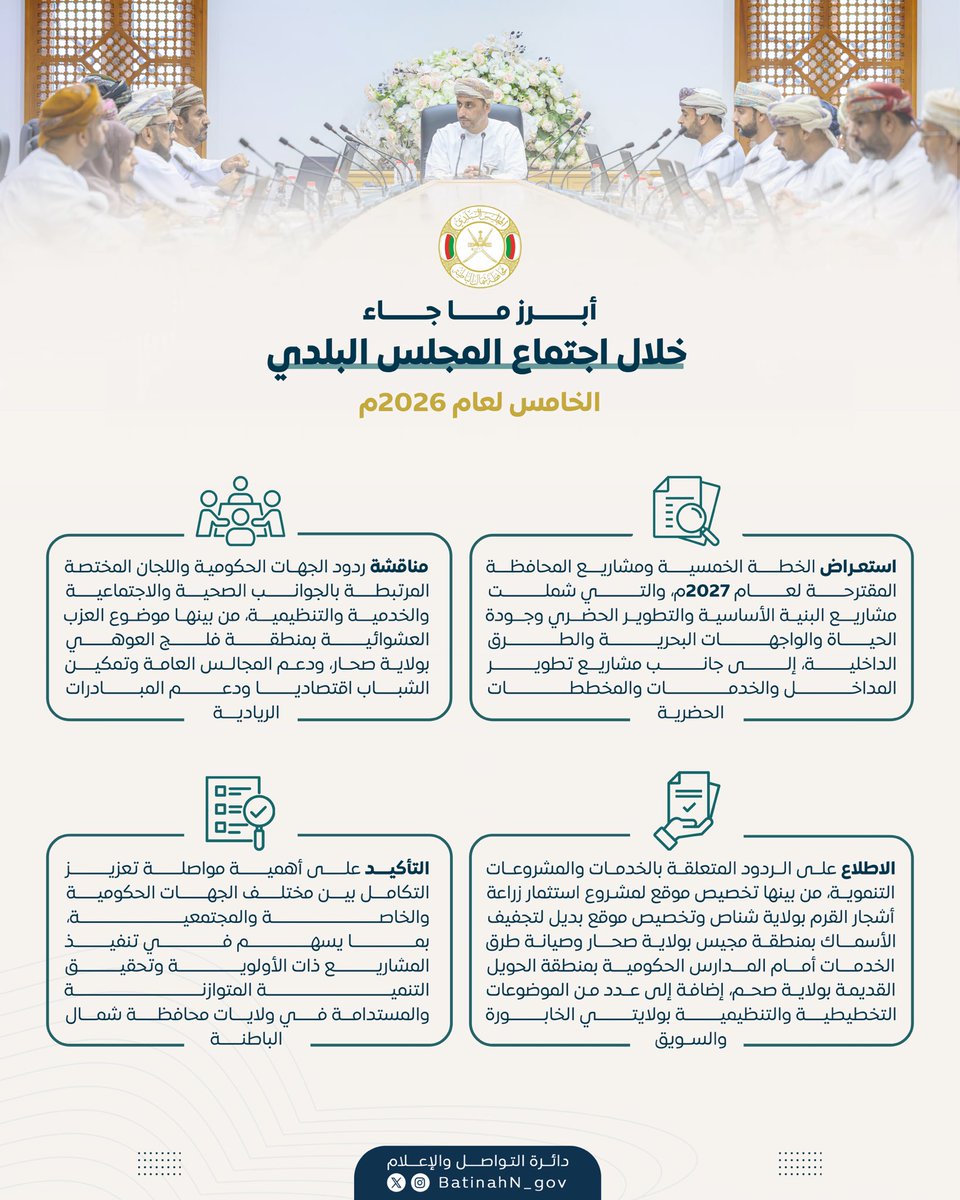 mc_nbatinah's tweet photo. أبرز ما جاء خلال اجتماع #المجلس_البلدي الخامس لعام 2026 بـ #محافظة_شمال_الباطنة https://t.co/wrZ9yUDUmg