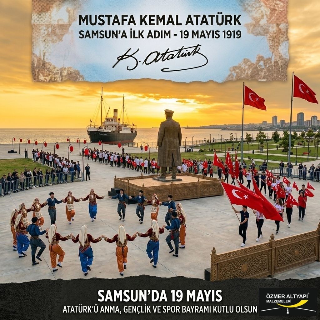 ozmeryapi's tweet photo. "Samsun’da atılan ilk adımın coşkusu ve gururuyla... 
19 Mayıs Atatürk'ü Anma, Gençlik ve Spor Bayramımız kutlu olsun! 🇹🇷 

#19Mayıs #19Mayıs1919 #Atatürk #GençlikveSporBayramı #Samsun #MustafaKemalAtatürk #ÖzmerAltyapı https://t.co/aqWXLQ5ith