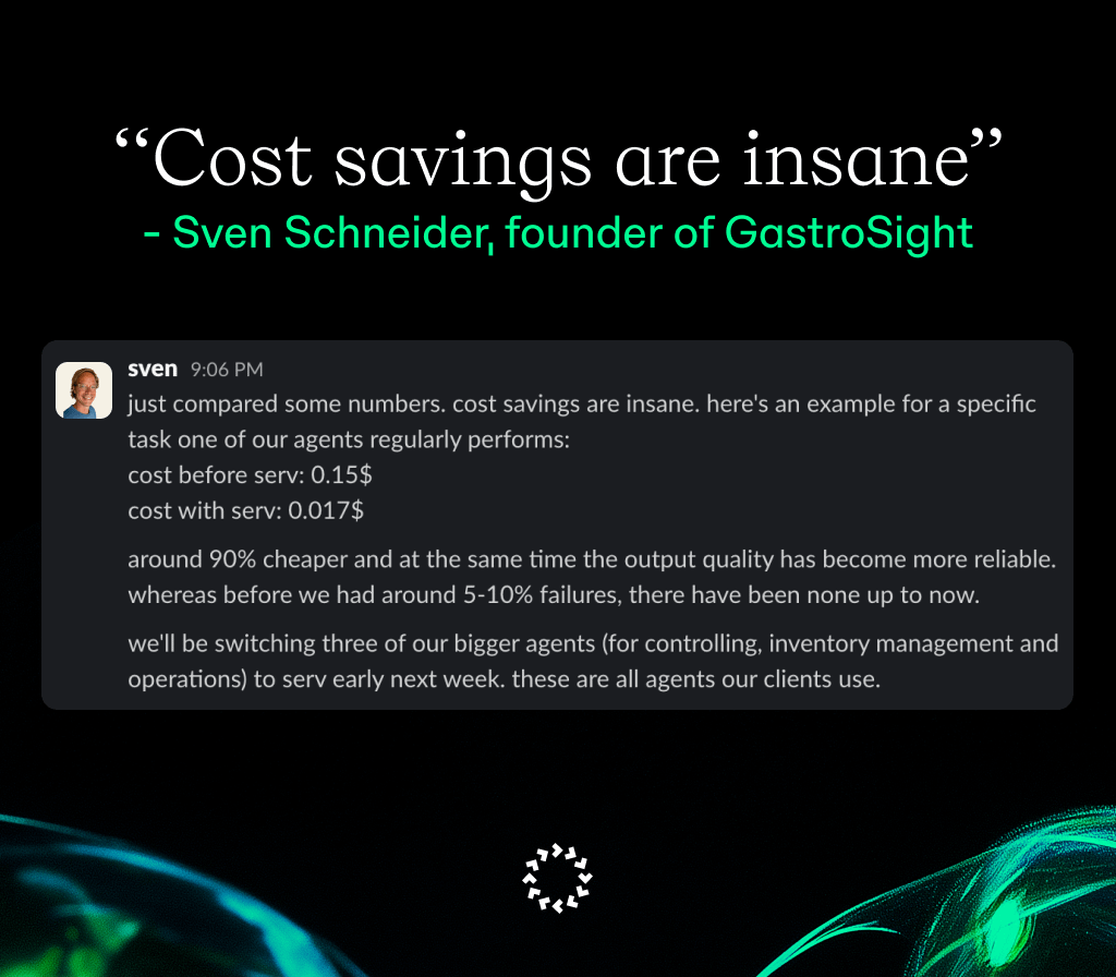 openservai's tweet photo. Another enterprise is moving to SERV.

GastroSight runs agentic OS for the food industry. 11 locations live, 5 new chains signed.

Scaling aggressively, the bottleneck is obvious: cost compounds, failures stop being tolerable.

They moved to SERV with one line of code. Result 👇 https://t.co/FGJ9SJakYo