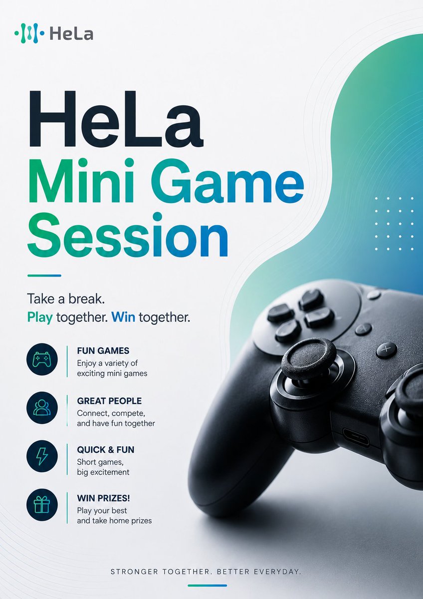 HeLa_Labs's tweet photo. 🎮 Tomorrow, we press pause from the grind and play together.

The HeLa Mini Game Session is coming.
Quick matches, good vibes, real connections, all inside the HeLa community. 

🏆 Fun mini games
🤝 Chill with the community

Sometimes the best communities aren’t only built through work…
They’re built through moments like this.

See you tomorrow. 🚀

Join the HeLa Discord and be part of the session 👾
https://t.co/dLDAHye5Oq