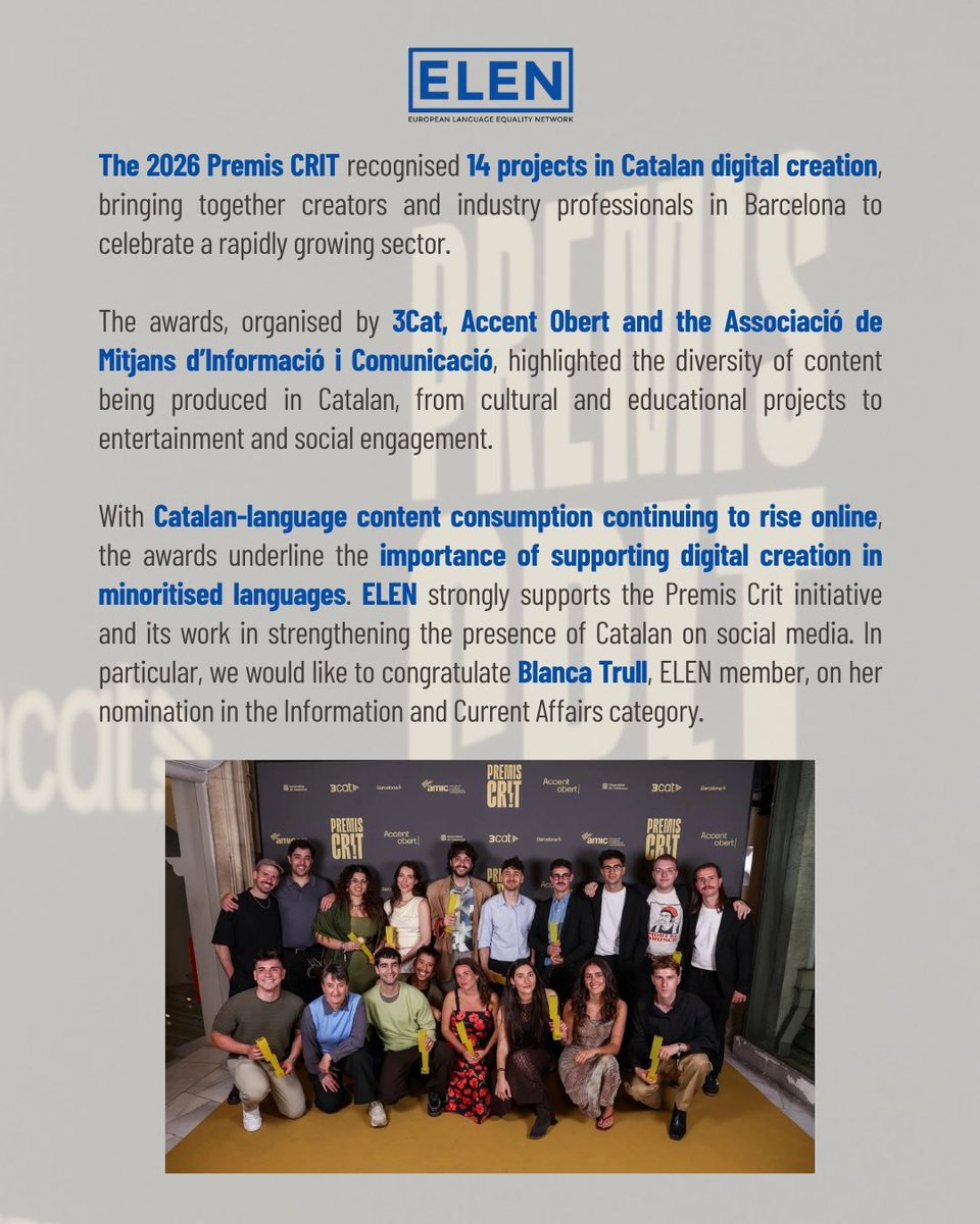 EUROLANG's tweet photo. 🏆Glamorous Premis CRIT event recognises the growth + importance of #Catalan digital content creation.
Delighted to see ELEN's social media manager Blanca Trull nominated in the Information and Current Affairs category for her independent work in Catalan.😃
#PremisCrit #ELEN2026 https://t.co/t5IRjNpPU0