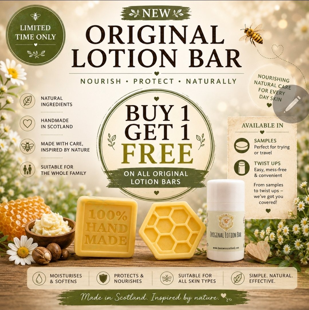 BeeswaxScotland's tweet photo. Our ORIGINAL LOTION BAR range is now on a LIMITED TIME offer 💛 

Available across the ENTIRE range: 

🌿 Sample Sizes
🌿 Bars
🌿 Twist Ups

Made with: 

✨ Pure Honey
✨ Shea Butter
✨ Beeswax
✨ Coconut Oil

Simple. Natural. Effective.

Handmade in Scotland 🏴󠁧󠁢󠁳󠁣󠁴󠁿 https://t.co/zTg8levhSS