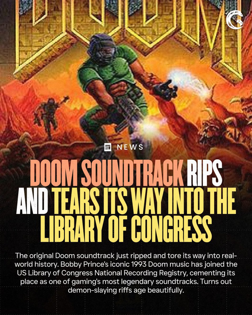 GameEels's tweet photo. DOOM just entered music history.

Bobby Prince's 1993 Doom soundtrack joined the US Library of Congress National Recording Registry. Demon riffs = officially legendary.

Which game soundtrack is next?

#GameEels #DOOM #VideoGameMusic #LibraryOfCongress #GamingNews https://t.co/556HrTxJ6h