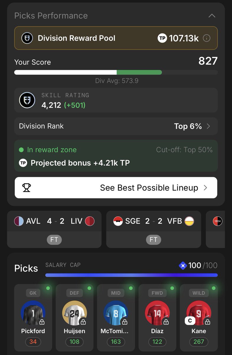 plir21's tweet photo. Pickford let my Picks down, but still managed to collect a nice amount of skill rating points.

With Picks the skill rating and the leaderboard finally make sense, and the game became much more competitive and engageing. 🔥

@sportfun https://t.co/PTpLPD84F3