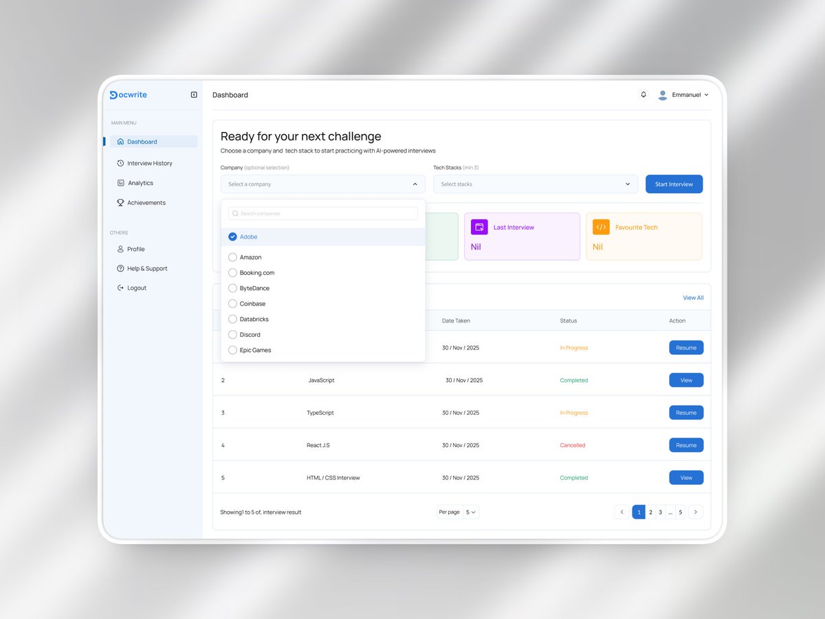 Docwriteio's tweet photo. Company-specific interview questions are now on Docwrite. 
Google. Meta. Amazon. Microsoft. Apple. And more.

Not generic prompts actual question styles, follow-ups, and the depth each company pushes for.

Gap between "I studied" and "I was ready." → https://t.co/ceJRB2ofvV https://t.co/qF8Zqx9Cai