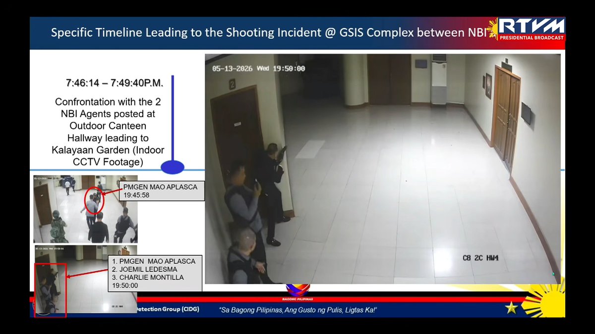 News5PH's tweet photo. ‘MIND YOU, THERE WAS NOBODY THERE’

Ito ang binigyang-diin ni Department of the Interior and Local Government (DILG) Sec. Jonvic Remulla area nang magpaputok ng baril si Senate Sergeant-at-Arms Chief Mao Aplasca sa naturang area sa kasagsagan ng gulo sa Senado.

Sinabi ito ni Remulla nang ipakita sa isang press briefing ngayong Martes, May 19 ang timeline at iba pang datos kasunod ng nangyaring putukan sa Senado noong May 13.

📸: RTVM
