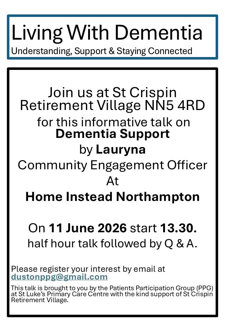 Duston_PC's tweet photo. Wellbeing Talk by St Luke’s Surgery PPG https://t.co/qQBj0zmRgv