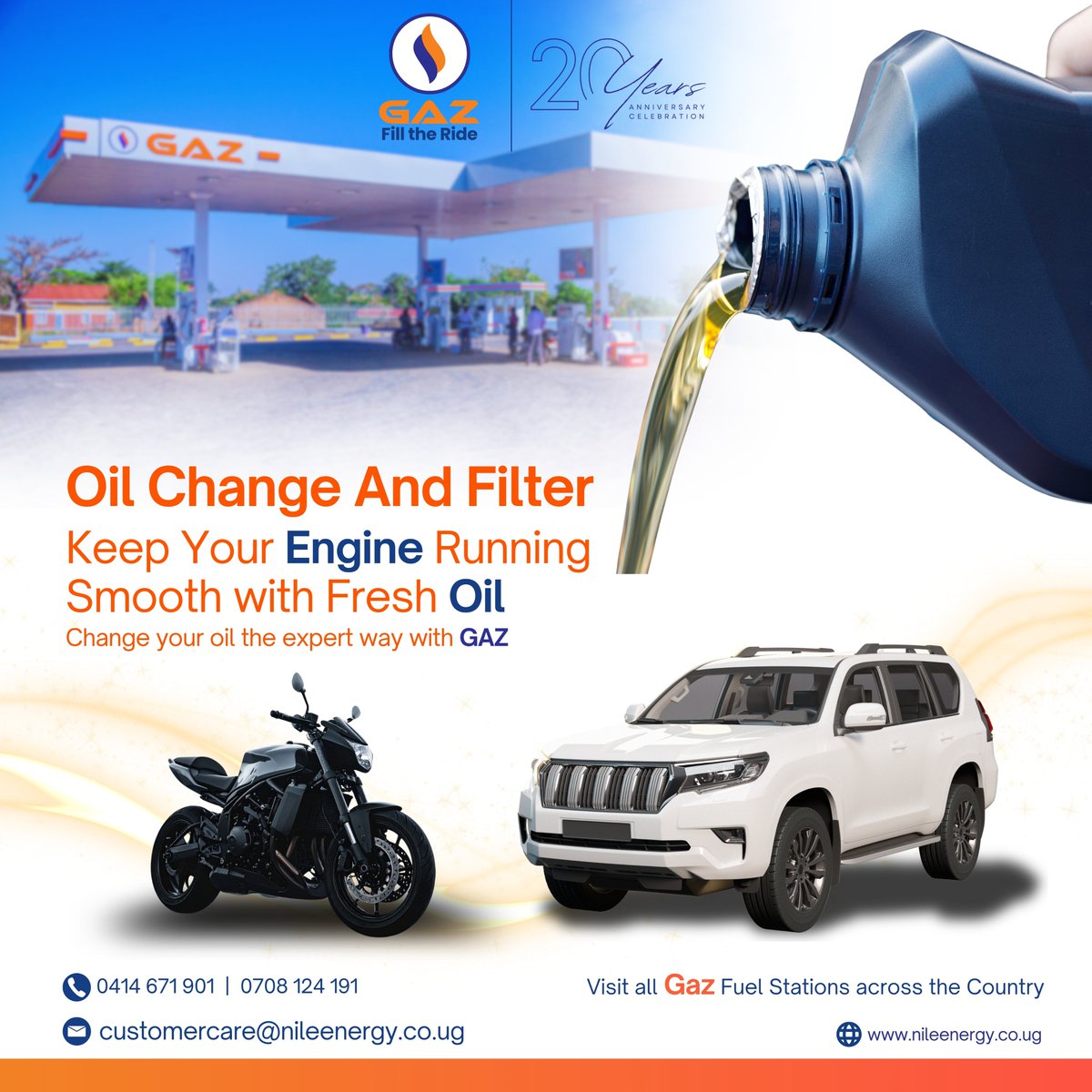 nileenergyltd's tweet photo. Fresh oil. Smooth performance. Expert care for every journey. Trust GAZ Oil Change and Filter services to keep your engine running at its best.
Visit all GAZ Fuel Stations across the country.
#GAZ20Years #OilChangeService #EngineCare #GAZUganda #FillTheRide #DriveWithConfidence https://t.co/L7mrvfvyos