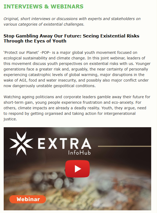 1popmovement's tweet photo. 🌍 The latest EXTRA Newsletter features a webinar jointly organized with the POP Movement, highlighting youth perspectives on climate change, existential risks, eco-anxiety, and intergenerational justice.
📖 Read more:
EXTRA Newsletter – May 2026 Edition
#POPMovement #YouthCAN https://t.co/VOnUpIHHGH