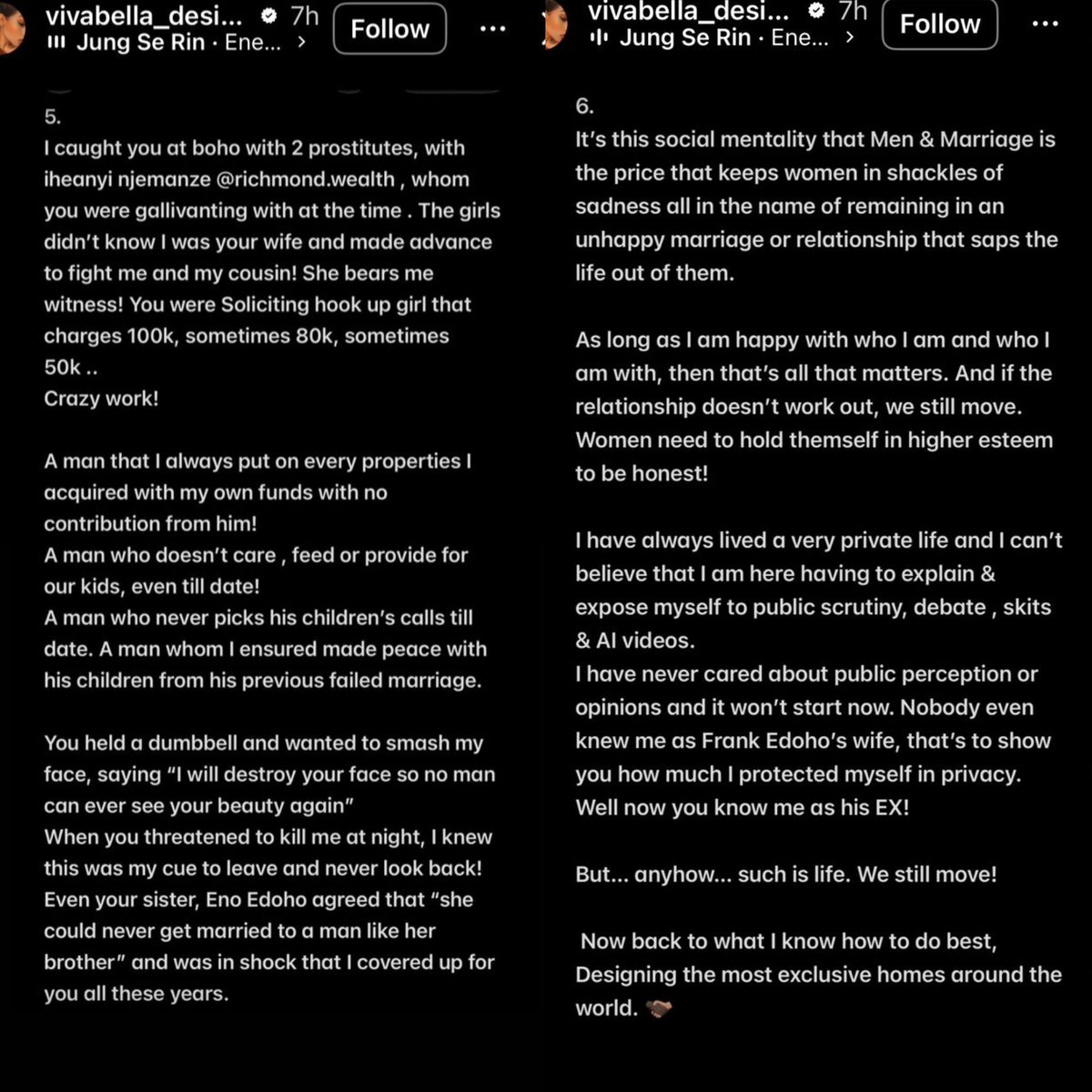 NigerianEye_'s tweet photo. “I Refuse To Be Tagged Unfaithful” — Frank Edoho's ex Wife, Sandra Makes Fresh Allegations
Sandra Edoho, ex-wife of media personality #FrankEdoho, has made fresh allegations following online discussions linking her to alleged infidelity involving singer #Chike.
In a lengthy series of posts shared on her Instagram story, Sandra denied claims that she was unfaithful during their marriage, insisting she had remained loyal despite enduring what she described as years of emotional trauma, humiliation, and alleged physical abuse.
Titled “Surviving Frank Edoho,” the statement detailed several accusations against her ex-husband, including claims of repeated infidelity, financial irresponsibility, thr£ats, and emotional mistreatment during their marriage.
Sandra alleged that she discovered evidence of multiple affairs through access to his passwords, bank statements, and personal devices, claiming she found records of hotel visits, lounge outings, and payments allegedly linked to other women.
She further accused him of neglecting their children and failing to provide support for them.
The interior designer also claimed she sold one of her properties at a loss due to financial pressure within the marriage and accused Frank of secretly recording her conversations and releasing tapes publicly.
According to her, she remained silent for years in an effort to protect her privacy and family, but decided to speak out because of the public narrative currently circulating online.
She additionally alleged that she endured thr£ats and intimidation during the relationship, claiming there were moments she feared for her safety before eventually deciding to leave the marriage.
Sandra ended her statement by saying she is now focused on rebuilding her life and career, adding that she no longer cares about public perception and wants to move forward peacefully.
As of the time of this report, Frank Edoho has not publicly responded to the latest allegations.
#Entertainmentnews