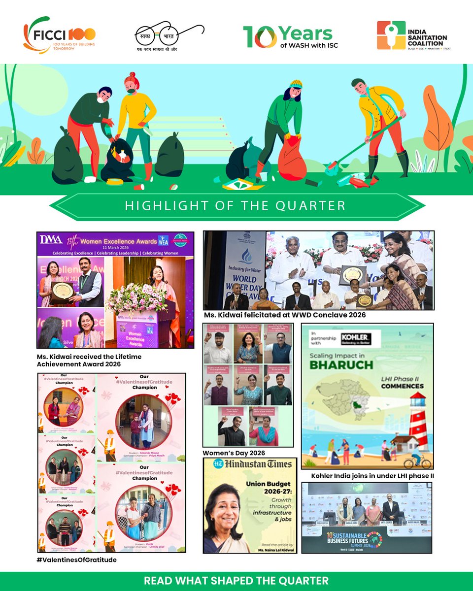 indsancoalition's tweet photo. Q1 of 2026, as reflected in the March 2026 edition of the India Sanitation Coalition newsletter, highlights key recognitions, strategic partnerships, and sectoral milestones advancing India’s sanitation and WASH agenda.

Highlights include:
• Launch of the 10th Edition of the ISC-FICCI Sanitation Awards 2026 recognising scalable and high-impact sanitation interventions.
• Spotlight on the Rashid Kidwai Excellence in Sanitation Financing Award, reinforcing the critical role of innovative financing in sustainable sanitation.
• Ms. Naina Lal Kidwai being felicitated at the World Water Day Conclave 2026 and receiving the Lifetime Achievement Award 2026 at the 15th Women Excellence Awards.
• Celebration of #ValentinesOfGratitude honouring the invaluable contributions of sanitation workers.
• Kohler India joining hands with ISC under Lighthouse Initiative (LHI) Phase II.

This edition reflects the growing momentum of collaborative, inclusive, and sustainable approaches shaping the future of WASH in India.

Read Here: https://t.co/pja4FtIjOS

#ISCIndia #SanitationForAll #WASH