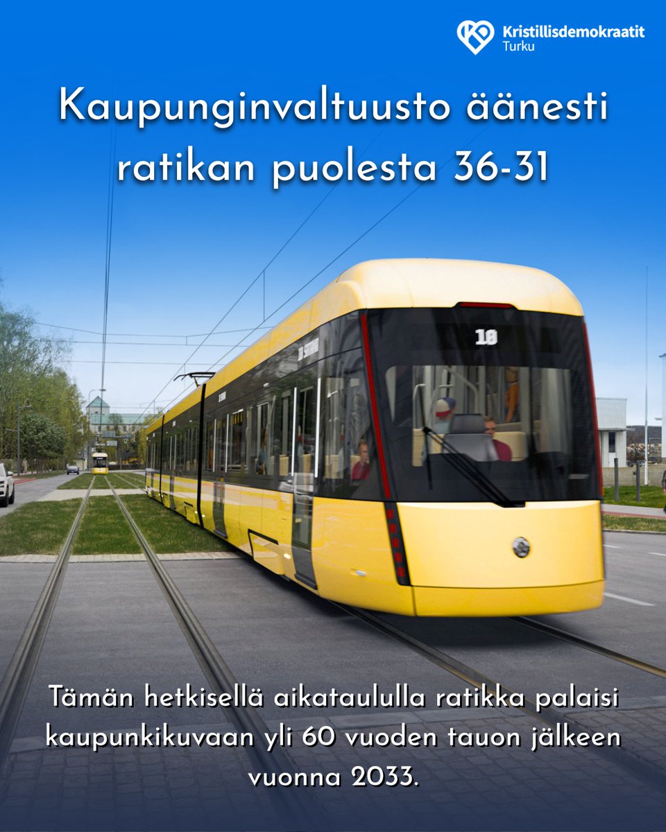 TurunKD's tweet photo. Kaupunginvaltuusto äänesti ratikan rakentamisen puolesta 36-31. KD:n valtuutettu Ville Auvinen äänesti sitä vastaan. Mikäli ratikka saa sille kaavaillun valtionrahoituksen, tulee se aloittamaan liikennöinnin vuonna 2033. https://t.co/WiwDnIMQtX