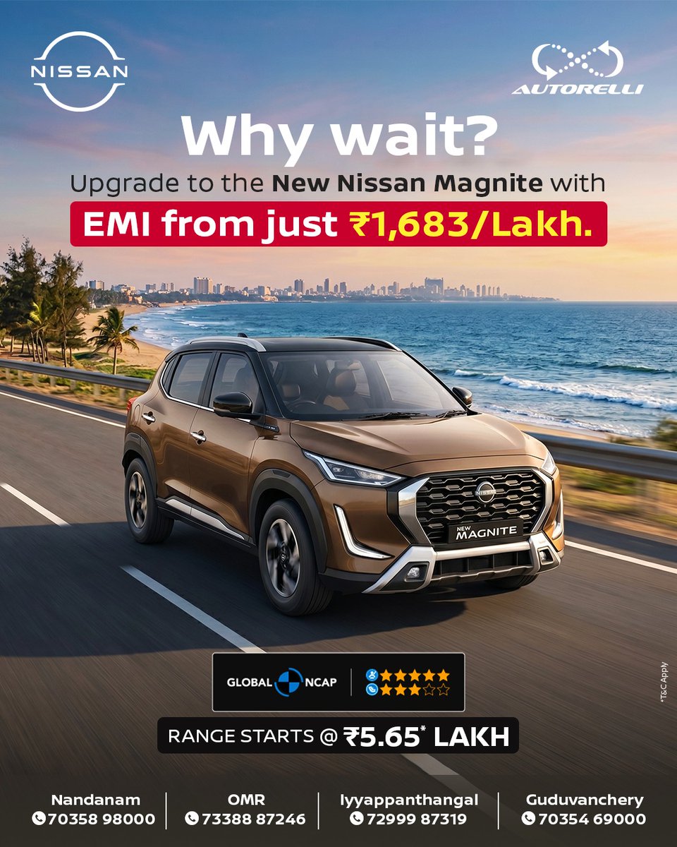 autorelli's tweet photo. Why wait? Upgrade to the 𝐍𝐞𝐰 𝐍𝐢𝐬𝐬𝐚𝐧 𝐌𝐚𝐠𝐧𝐢𝐭𝐞

✔ EMI from ₹1,683/month*
✔ Bold design &amp; advanced safety
✔ India’s safest compact SUV

https://t.co/wvVKXAW2Lj

#Autorelli #Nissan #Chennai #NissanMagnite #DriveBold #NissanIndia https://t.co/H1dIfIQUzU