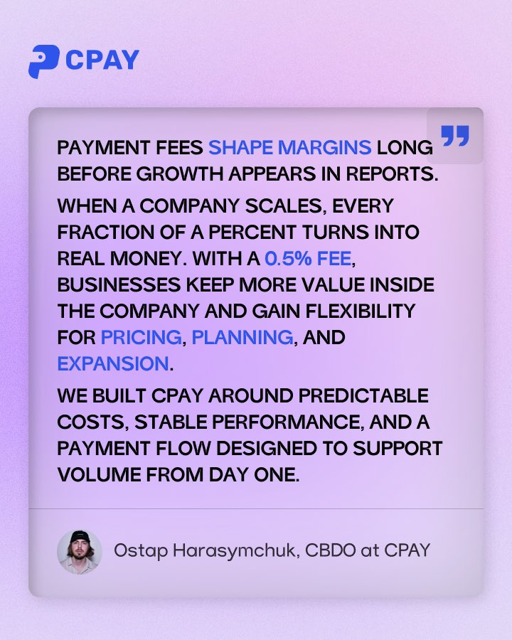cpay_world's tweet photo. 1/2 As payment volume grows, transaction fees become part of the business model.

They influence margins, pricing flexibility, financial planning, and the amount of revenue a company actually keeps after each payment.

According to Ostap Harasymchuk, Product Owner at CPAY:
“𝘗𝘢𝘺𝘮𝘦𝘯𝘵 𝘧𝘦𝘦𝘴 𝘴𝘩𝘢𝘱𝘦 𝘮𝘢𝘳𝘨𝘪𝘯𝘴 𝘭𝘰𝘯𝘨 𝘣𝘦𝘧𝘰𝘳𝘦 𝘨𝘳𝘰𝘸𝘵𝘩 𝘢𝘱𝘱𝘦𝘢𝘳𝘴 𝘪𝘯 𝘳𝘦𝘱𝘰𝘳𝘵𝘴.𝘞𝘩𝘦𝘯 𝘢 𝘤𝘰𝘮𝘱𝘢𝘯𝘺 𝘴𝘤𝘢𝘭𝘦𝘴, 𝘦𝘷𝘦𝘳𝘺 𝘧𝘳𝘢𝘤𝘵𝘪𝘰𝘯 𝘰𝘧 𝘢 𝘱𝘦𝘳𝘤𝘦𝘯𝘵 𝘵𝘶𝘳𝘯𝘴 𝘪𝘯𝘵𝘰 𝘳𝘦𝘢𝘭 𝘮𝘰𝘯𝘦𝘺. 𝘞𝘪𝘵𝘩 𝘢 𝟢.𝟧% 𝘧𝘦𝘦, 𝘣𝘶𝘴𝘪𝘯𝘦𝘴𝘴𝘦𝘴 𝘬𝘦𝘦𝘱 𝘮𝘰𝘳𝘦 𝘷𝘢𝘭𝘶𝘦 𝘪𝘯𝘴𝘪𝘥𝘦 𝘵𝘩𝘦 𝘤𝘰𝘮𝘱𝘢𝘯𝘺 𝘢𝘯𝘥 𝘨𝘢𝘪𝘯 𝘧𝘭𝘦𝘹𝘪𝘣𝘪𝘭𝘪𝘵𝘺 𝘧𝘰𝘳 𝘱𝘳𝘪𝘤𝘪𝘯𝘨, 𝘱𝘭𝘢𝘯𝘯𝘪𝘯𝘨, 𝘢𝘯𝘥 𝘦𝘹𝘱𝘢𝘯𝘴𝘪𝘰𝘯.

𝘞𝘦 𝘣𝘶𝘪𝘭𝘵 𝘊𝘗𝘈𝘠 𝘢𝘳𝘰𝘶𝘯𝘥 𝘱𝘳𝘦𝘥𝘪𝘤𝘵𝘢𝘣𝘭𝘦 𝘤𝘰𝘴𝘵𝘴, 𝘴𝘵𝘢𝘣𝘭𝘦 𝘱𝘦𝘳𝘧𝘰𝘳𝘮𝘢𝘯𝘤𝘦, 𝘢𝘯𝘥 𝘢 𝘱𝘢𝘺𝘮𝘦𝘯𝘵 𝘧𝘭𝘰𝘸 𝘥𝘦𝘴𝘪𝘨𝘯𝘦𝘥 𝘵𝘰 𝘴𝘶𝘱𝘱𝘰𝘳𝘵 𝘷𝘰𝘭𝘶𝘮𝘦 𝘧𝘳𝘰𝘮 𝘥𝘢𝘺 𝘰𝘯𝘦.”