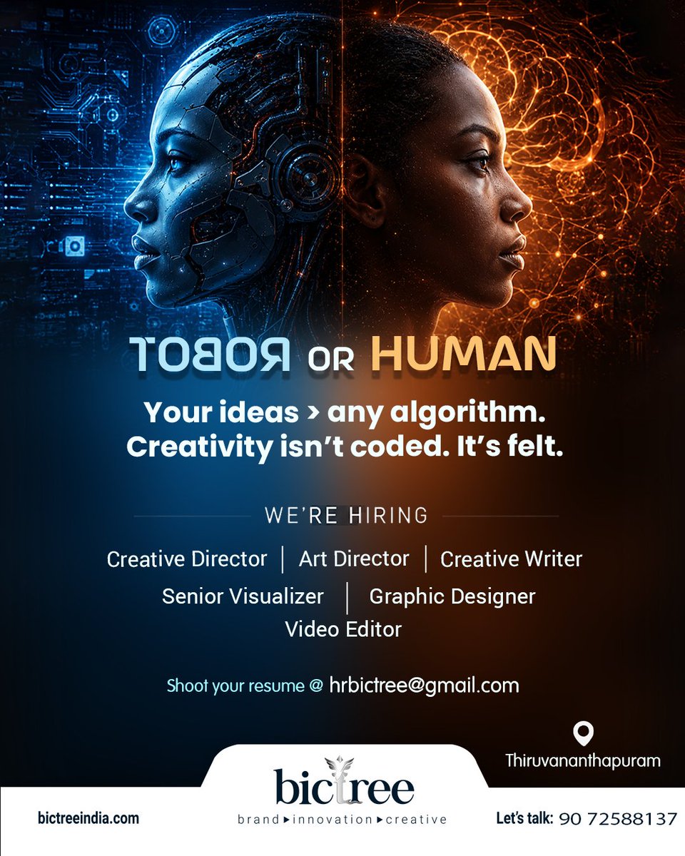 bictreeindia's tweet photo. AI can generate.
Humans create. ⚡

Creativity isn’t built by algorithms alone.
It’s emotion, instinct &amp; imagination.
Join BICTREE 🚀

Hiring creatives in Trivandrum.

Shoot resume @ hrbictree@gmail.com
Whatsapp -  90725 88135

#hiring #vacancy #jobs #creativejobs #careers https://t.co/OwIxcywRCU