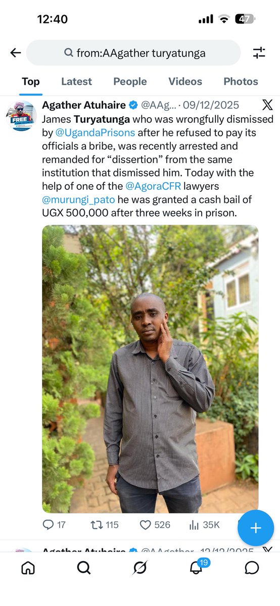 AAgather's tweet photo. Speaking of corruption, James Turyatunga was unlawfully fired from @UgandaPrisons because he refused to sign for more money than he received from his boss during COVID. He reported corruption up to the highest level of the service only to find out it was a syndicate. When he continued fighting even after he was fired, by petitioning offices and individuals in high positions, the same people that fired him (as was confirmed by the CG @jbyabs when I brought the issue to his attention), got him arrested on charges of desertion  and chased from the prisons house he was living in. @AgoraCFR has been advocating for his justice and legal representation. Today the case against him has been dismissed for want of prosecution.