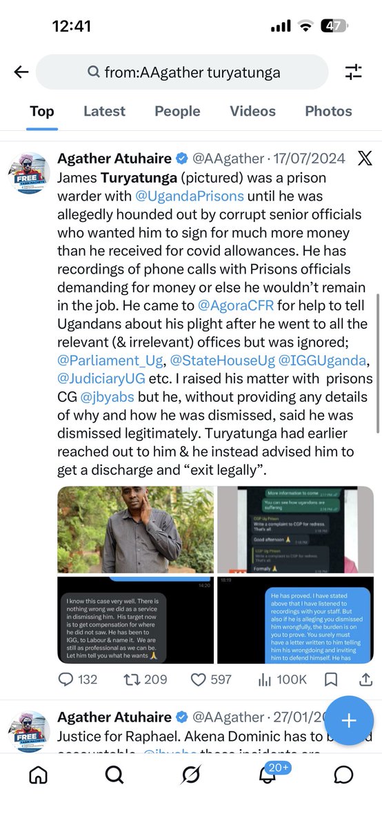 AAgather's tweet photo. Speaking of corruption, James Turyatunga was unlawfully fired from @UgandaPrisons because he refused to sign for more money than he received from his boss during COVID. He reported corruption up to the highest level of the service only to find out it was a syndicate. When he continued fighting even after he was fired, by petitioning offices and individuals in high positions, the same people that fired him (as was confirmed by the CG @jbyabs when I brought the issue to his attention), got him arrested on charges of desertion  and chased from the prisons house he was living in. @AgoraCFR has been advocating for his justice and legal representation. Today the case against him has been dismissed for want of prosecution.