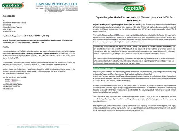 AvinashGoraksha's tweet photo. #CaptainPolyplastLimited
The Company secures a ₹11.8 Cr order from MSEDCL for the supply of 500 solar pumps under the PM-KUSUM Scheme - reinforcing its growing capabilities in delivering large-scale solar pumping solutions to government and utility clients.
#CaptainPolyplast #MSEDCL #PMKUSUM #RenewableEnergy