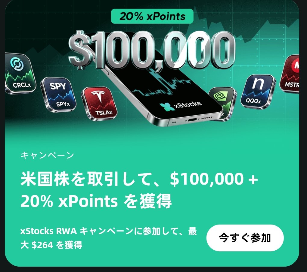takimi_NFT's tweet photo. 【@BitgetWallet にて@xStocksFiとのキャンペーン開始】

BitgetWalletのキャンペーン報酬だけでなくxStocksのポイントもためれるので
二重取りできます🙌

しかもxStocksのxPointsは20％ブーストつきで、他プラットフォームと比較しても最高ブースト率とのこと☺️

---------------
✅キャンペーン概要
・対象の12銘柄RWA株式トークンをビトゲウォレット内で現物取引し、取引額に応じて段階的に報酬ゲット可能
☞最上位段階のLv4で$132相当もらえます。
抽選枠まで入れると$264へ増加。
・報酬額はRWA株式トークンで支払われる
・報酬は6/19までに一括で配布予定

✅キャンペーン期間
2026年5月19日 18:00 〜 6月15日 01:00（UTC+9）

📍所感
・よくあるランキング制とかじゃなく取引額達成できれば報酬はもらえるのでその点はよき。
☞最上位は金額も大きいですが、株式相場にbullishで今買うタイミングだと思ってた方にはささりそう。

・あくまでトークン化株式で実物の株式ではなく、配当とかない点等は注意が必要。

・xStocksのキャンペーンでは流動性提供のポイント割当が大きいですが、ILとかもあるので、保有するだけでxpointためれるのも初心者の方には取り組みやすい

詳細は引用元ご参照下さい🙌