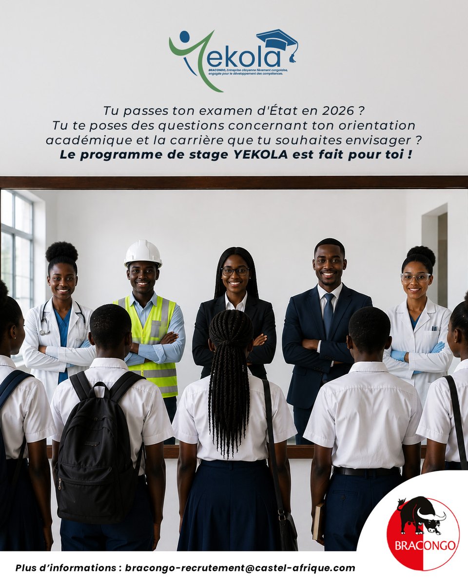 BracongoSa's tweet photo. BRACONGO, entreprise citoyenne fièrement congolaise, lance la deuxième édition du programme de stage « Yekola », une initiative destinée exclusivement aux élèves finalistes qui présentent les examens d’État en 2026.

À travers ce programme, BRACONGO souhaite offrir aux jeunes une première immersion dans le monde professionnel en leur permettant de découvrir concrètement les métiers auxquels ils aspirent. Cette expérience leur donnera l’opportunité d’évoluer dans un environnement propice à l’apprentissage, à la découverte du terrain et au développement de leurs compétences.

Les candidatures seront ouvertes du 1er au 30 juin 2026 via le lien suivant : https://t.co/ojahl7DeQu

Dans le cadre de sa politique de diversité et d’inclusion, BRACONGO encourage particulièrement les candidatures féminines.

Les places étant limitées, nous invitons les candidats intéressés à soumettre rapidement leur dossier.

Pour toute information complémentaire, veuillez nous contacter à l’adresse suivante : bracongo-recrutement@castel-afrique.com

#Bracongo #Yekola #stage #formation