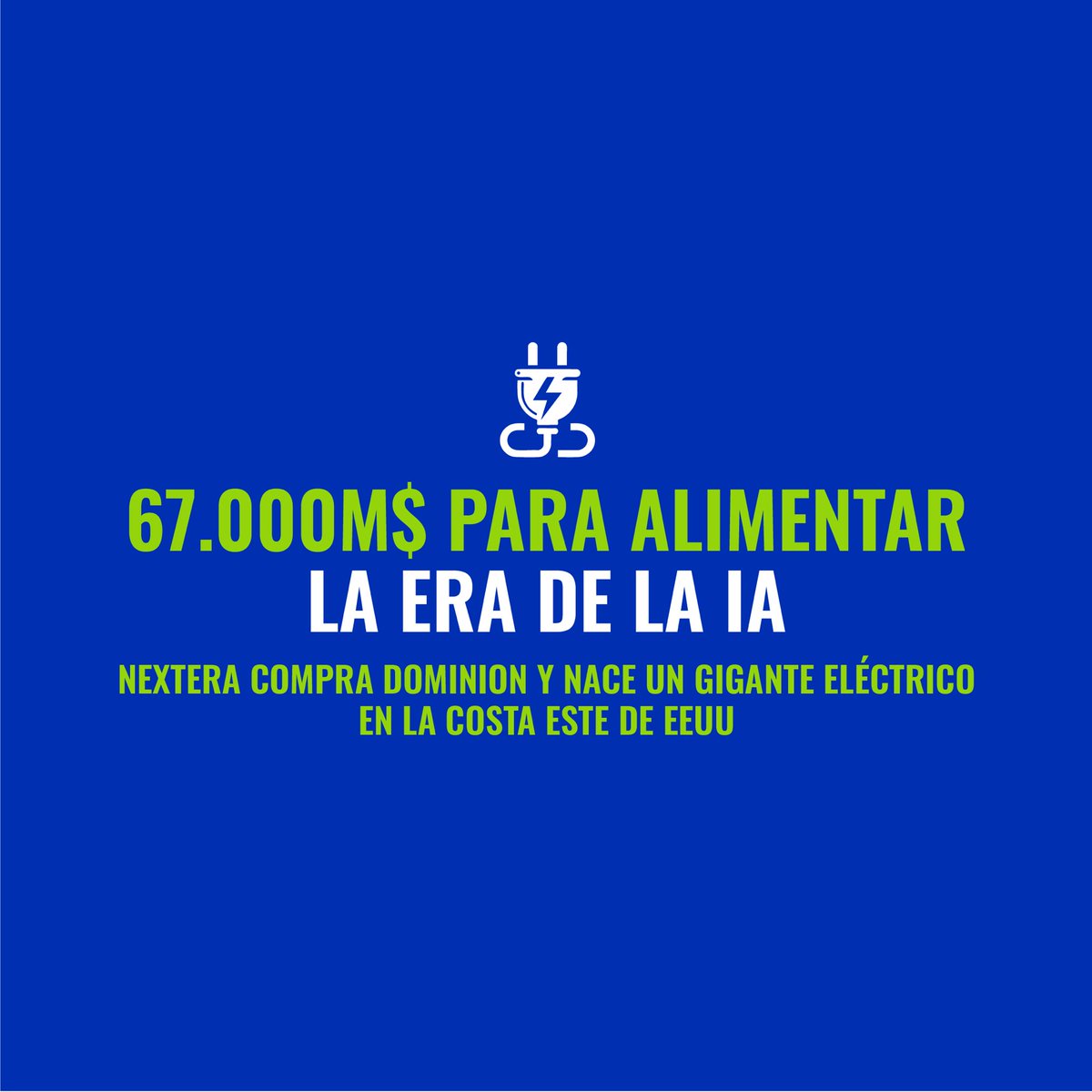 Diukes_Fund's tweet photo. @nexteraenergy compra @DominionEnergy por 67.000M$para crear un gigante eléctrico en la costa este de EEUU. La clave: el boom de demanda por IA y centros de datos(Virginia del Norte, “Data Center Alley”). Cierre estimado: 18 meses (pendiente de reguladores). https://t.co/rl7bZLEIXT